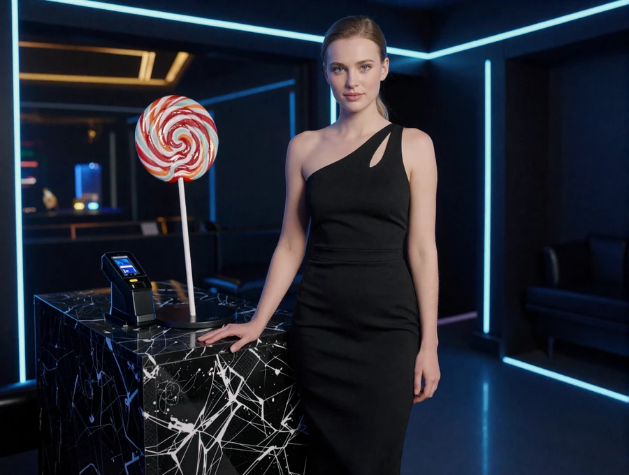 Model im schwarzen Kleid an der Iris Casino Zahlungskasse mit CandyCoins Lollipop und Krypto Casino Motiv