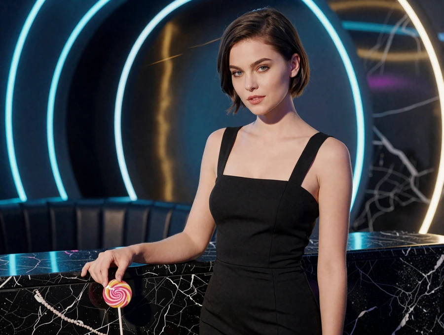 Model in schwarzem Kleid neben CandyCoins Lollipop f&uuml;r den Iris Casino Bonus 2026