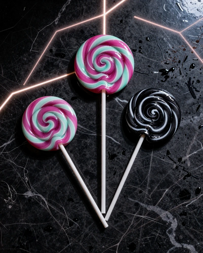 Drei glossy CandyCoins-Lutscher auf schwarzem Marmor - Iris Casino Bonus Store