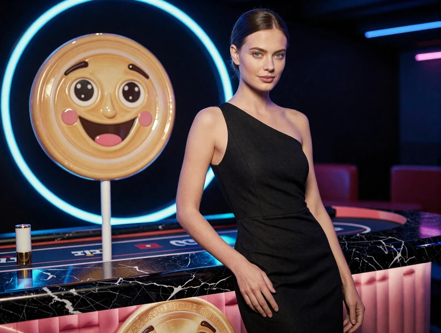 Elegantes Model im schwarzen Kleid neben CandyCoins Lollipop in der Iris Casino Spiele Lobby