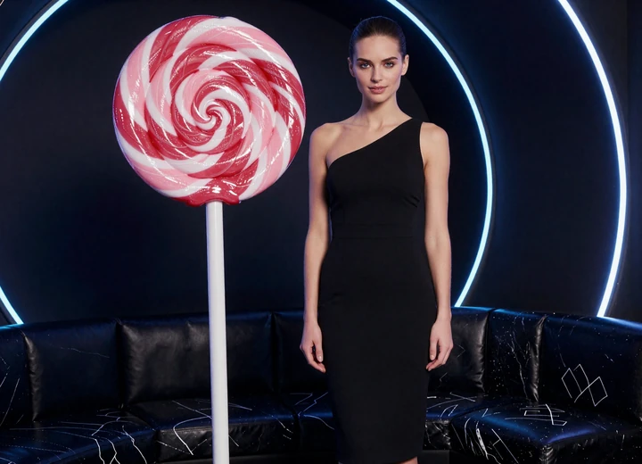 Dunkle Iris Casino Spiele Lounge mit CandyCoins Lollipop, Model in Schwarz und dezenter Neonbeleuchtung