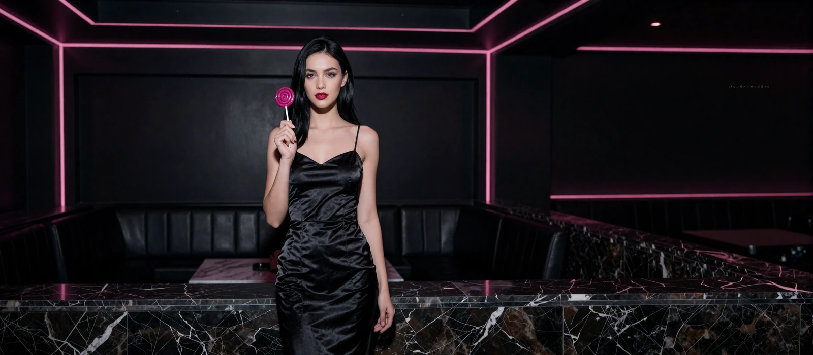 Model in schwarzer Seide neben CandyCoins-Lutscher in dunkler Marmor-Lounge - Iris Casino Einladung